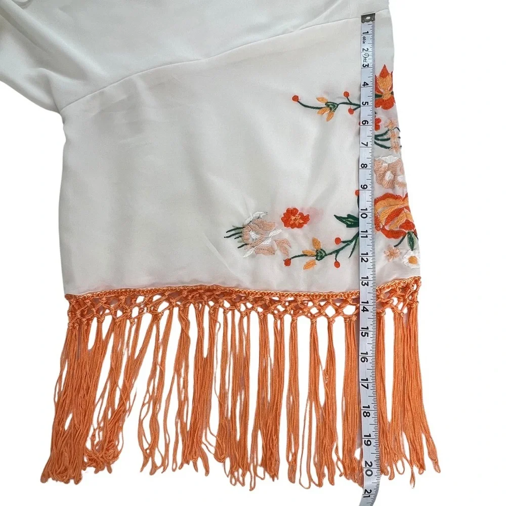 Fringe Kimono Floral Boho Festival Embroidered White Orange Flowers Medium Cato - Picture 15 of 17
